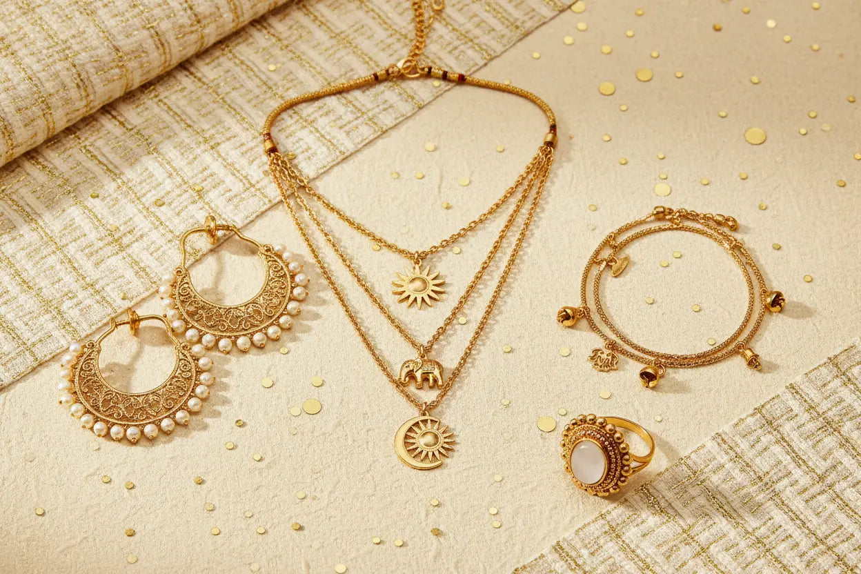 Flat lay of affordable gold plated jewellery — necklace, earrings, bracelet and ring on warm cream background at PranaviLuxe