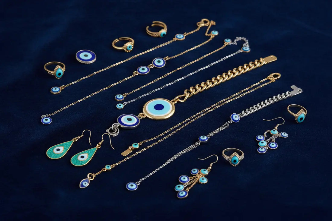 Flat lay of evil eye jewellery collection — necklaces, bracelets, earrings and rings in gold and silver tones at PranaviLuxe