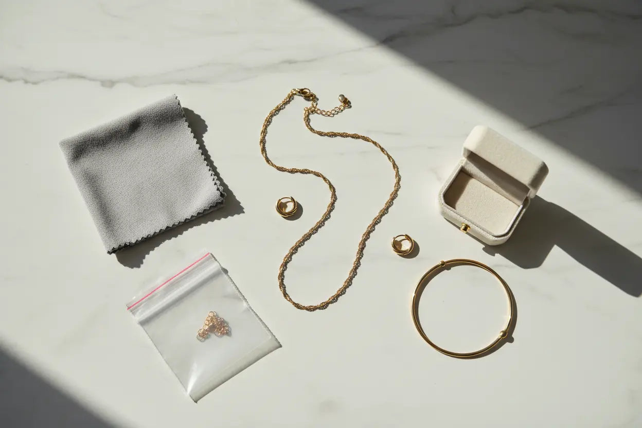 Flat lay of fashion jewellery care essentials — polishing cloth, storage pouch and gold jewellery pieces on marble background