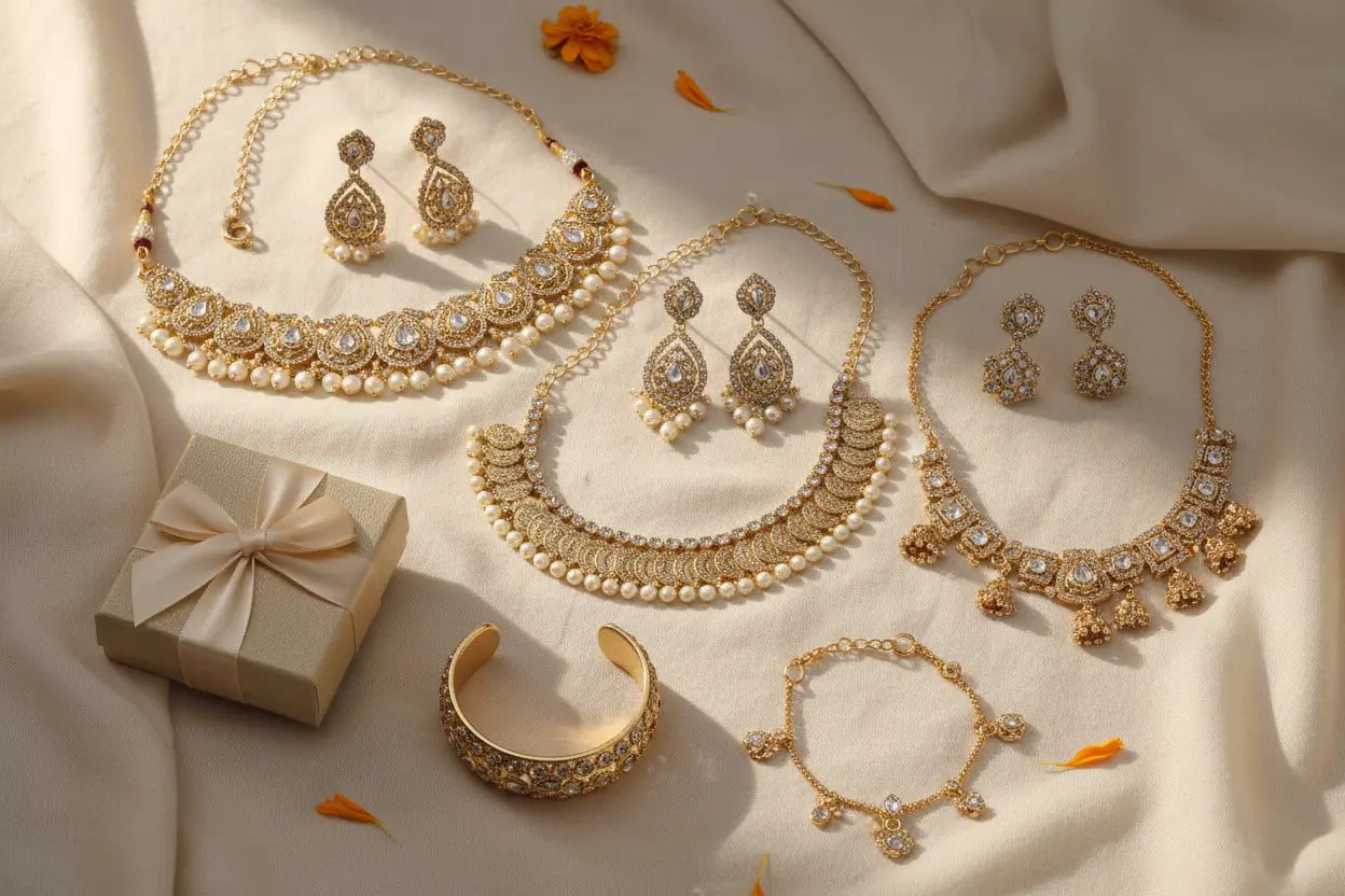 Flat lay of affordable gold jewellery sets with gift box — necklaces, earrings and bracelets under ₹1000 at PranaviLuxe