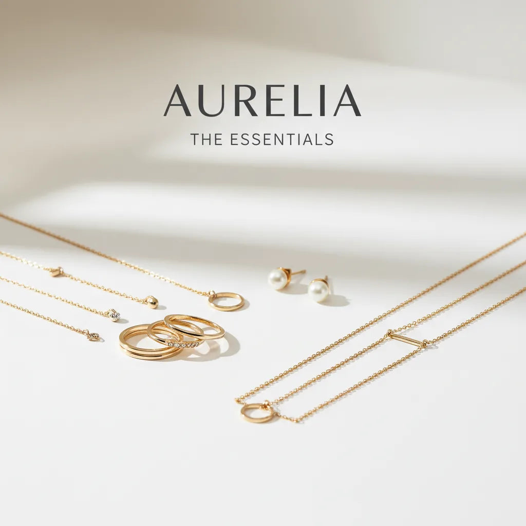 Aurelia 'The Essentials' jewelry collection featuring gold-tone necklaces, rings, and stud earrings with white pearls, arranged on a clean white surface with soft shadows.