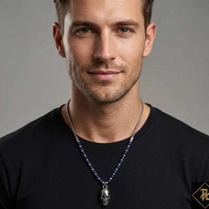 Men’s Skull Pendant Necklace with Blue Beads  Stainless Steel