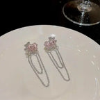 Pink Ballroom Earrings - These Exquisite Statement Hoops featuring delicate pink gemstone hearts with elegant silver chains, perfect for stylish fashion jewelry and luxury accessories.