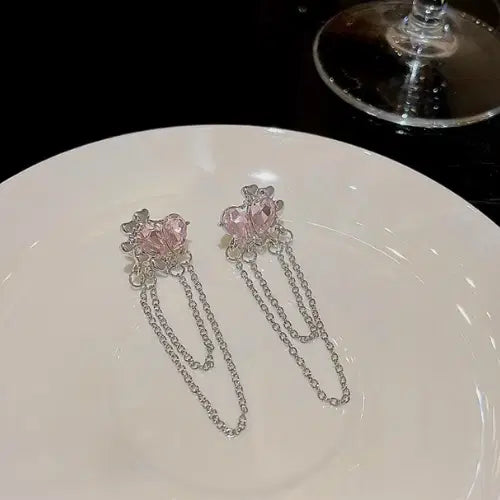 Pink Ballroom Earrings - These Exquisite Statement Hoops featuring delicate pink gemstone hearts with elegant silver chains, perfect for stylish fashion jewelry and luxury accessories.