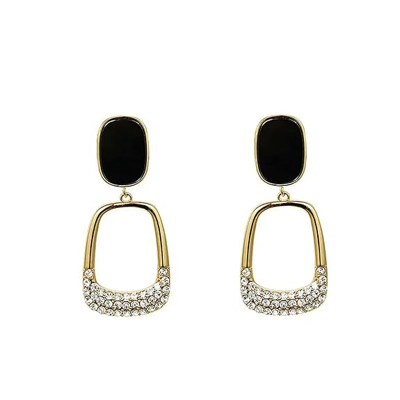 Black Geometric Square Statement Elegant Drop Earrings featuring black oval tops connected to gold open geometric frames embellished with sparkling crystals, ideal for elegant fashion jewelry looks.
