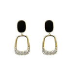 Black Geometric Square Statement Elegant Drop Earrings featuring black oval tops connected to gold open geometric frames embellished with sparkling crystals, ideal for elegant fashion jewelry looks.