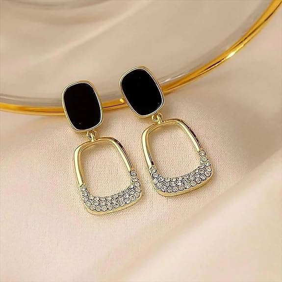 Black Geometric Square Statement Elegant Drop Earrings featuring black rectangular tops with gold-tone open square drops embellished with sparkling crystals, ideal for stylish fashion jewelry.