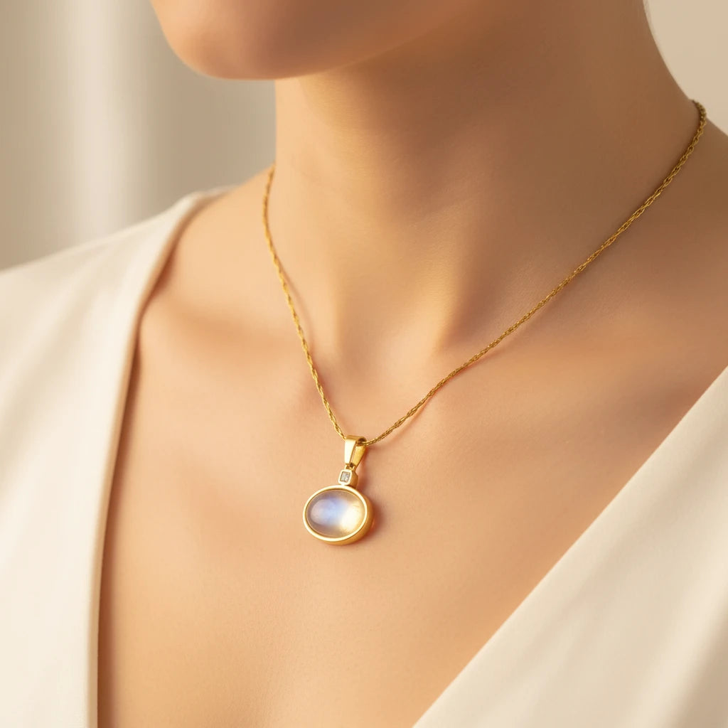 A close-up of a model wearing a delicate gold chain necklace with a round bezel-set iridescent moonstone pendant, styled with a soft cream-colored top.