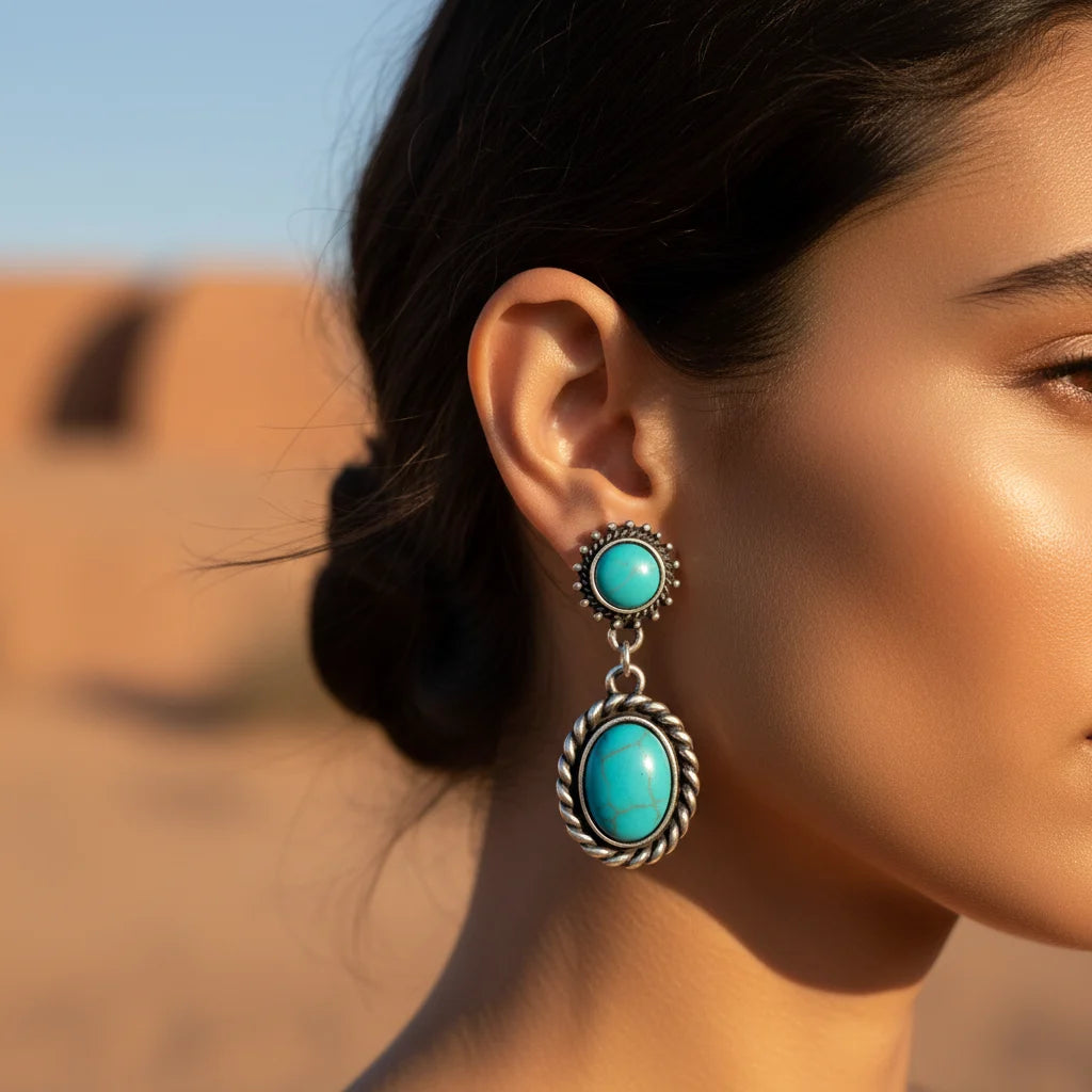 A close-up of a woman's ear wearing a silver-toned dangle earring with two oval turquoise-blue stones, photographed outdoors against a warm sandy desert background.
