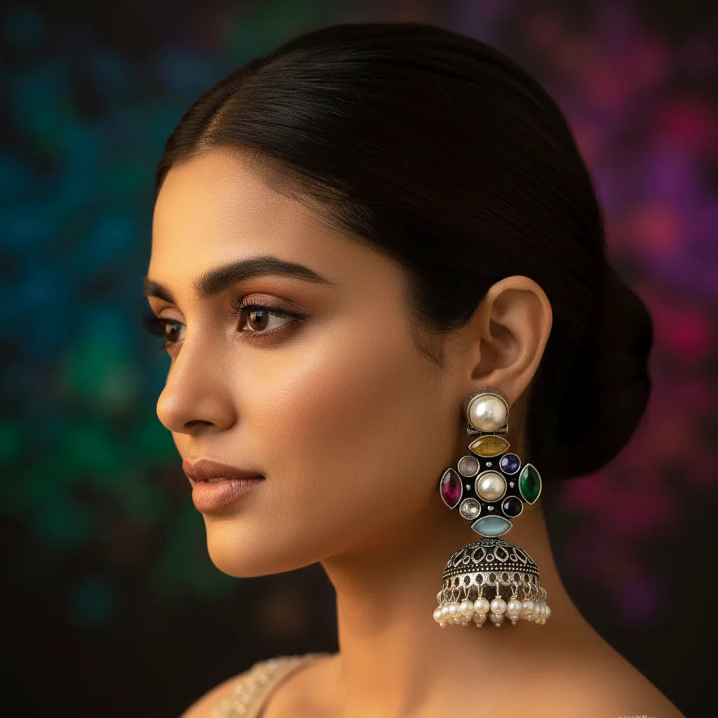 A close-up portrait of a woman wearing a large, ornate traditional Indian jhumka earring. The earring features white faux pearls, silver-toned metal, and colorful gemstone accents in green, purple, and red.