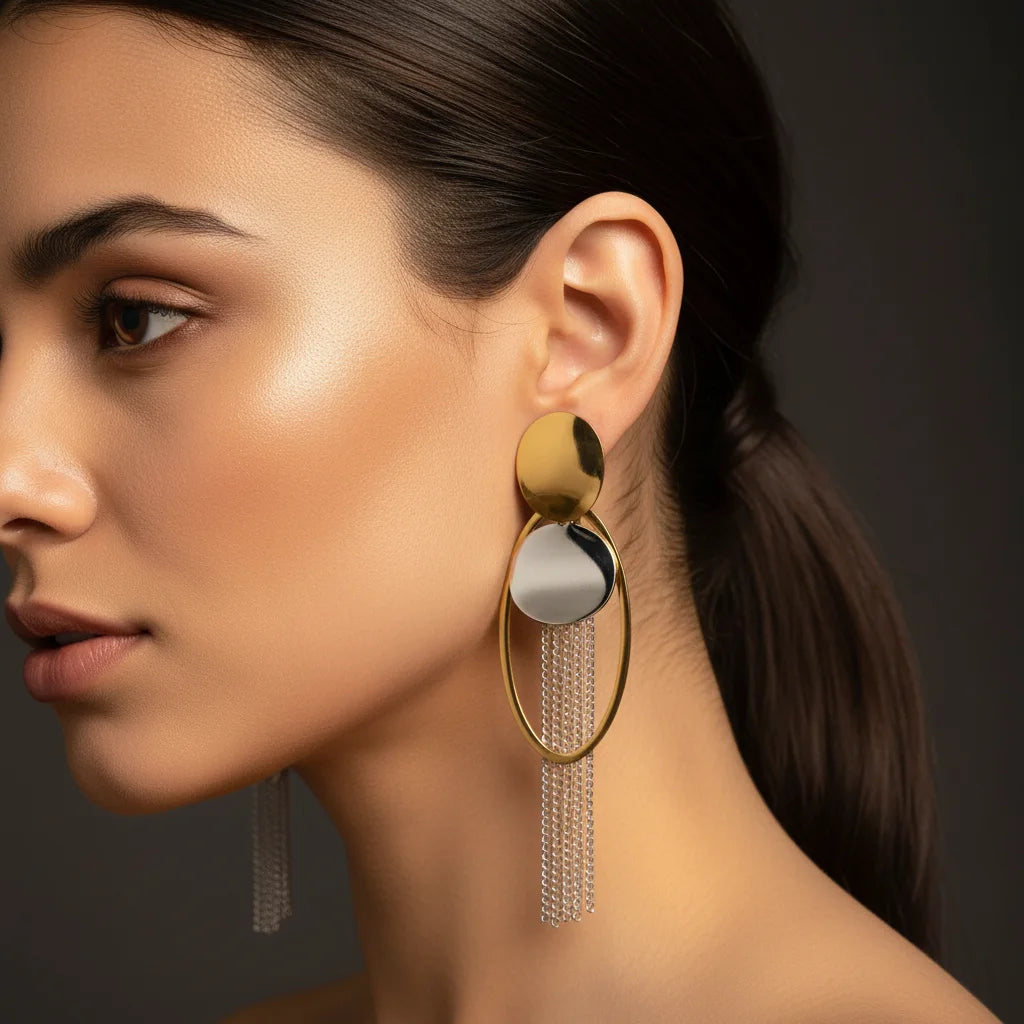 A close-up side profile of a woman wearing a large, modern statement earring. The earring features a polished gold-tone finish with a circular disc, a mirrored silver disc, and dangling chain tassels.