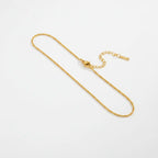 A delicate gold chain necklace with a lobster clasp and an adjustable extender chain with a small tag, displayed on a clean white background.