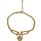 A gold chain bracelet with a central barbell link design, small bead details, and a dangling heart-shaped charm, displayed on a clean white background.