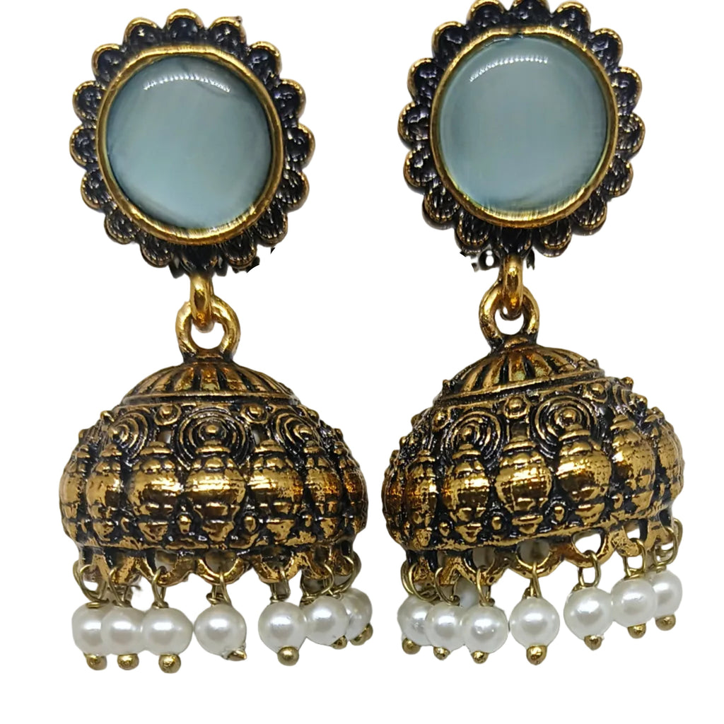 A pair of traditional Indian jhumka earrings with round light blue stone studs, gold-plated filigree bells, and dangling white faux pearls, shown on a plain white background.