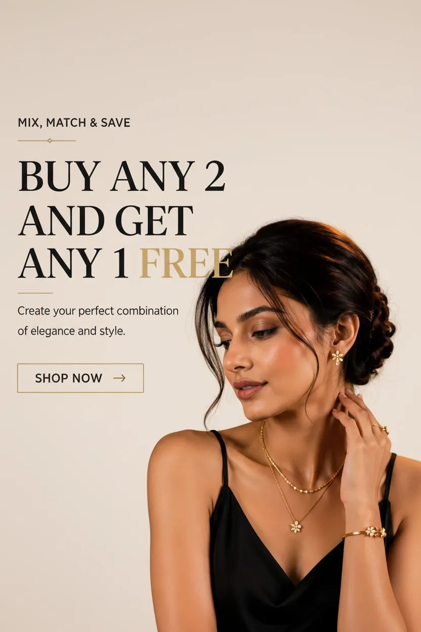 A promotional banner featuring a woman in a black satin top wearing gold jewelry, set against a dark background with text reading 'BUY ANY 2 AND GET ANY 1 FREE' and 'SHOP NOW'.