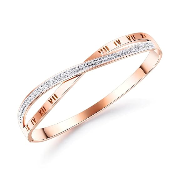 A rose gold bangle bracelet with a double-band design, featuring one band paved with small clear stones and the other engraved with Roman numerals, set against a plain white background.