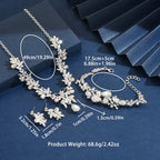 Silver jewelry set with necklace, bracelet, and earrings on a blue background with measurements.