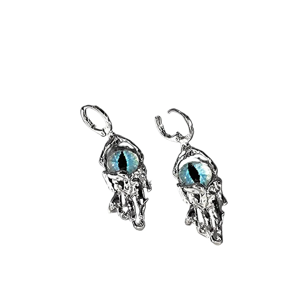 Pair of silver earrings with blue gemstones on a gray background, showing measurements and weight.