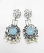 Ethnic Oxidized Silver Dangler Earrings – Light Blue Stone & Pearl Accents