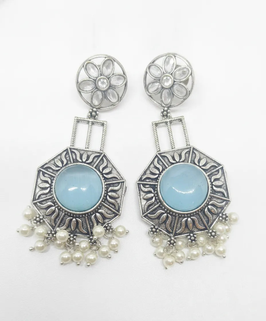 Ethnic Oxidized Silver Dangler Earrings – Light Blue Stone & Pearl Accents