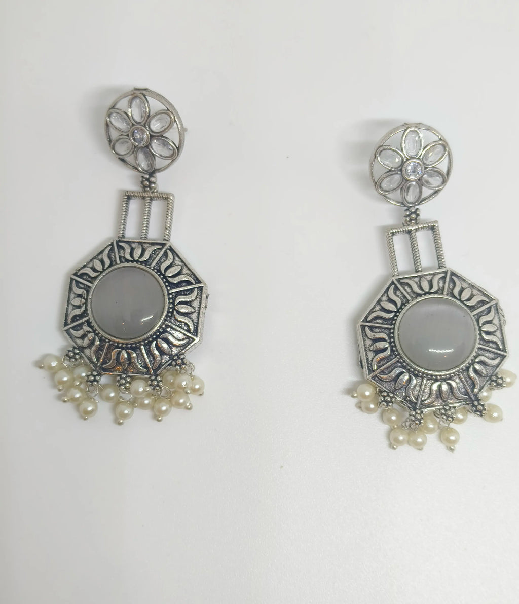 Ethnic Oxidized Silver Dangler Earrings – Light Blue Stone & Pearl Accents