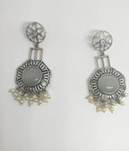 Ethnic Oxidized Silver Dangler Earrings – Light Blue Stone & Pearl Accents