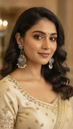Ethnic Oxidized Silver Dangler Earrings – Light Blue Stone & Pearl Accents