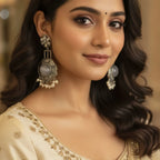 wearing ornate silver-toned jhumka earrings with white pearl-like accents and a beige embroidered traditional top.