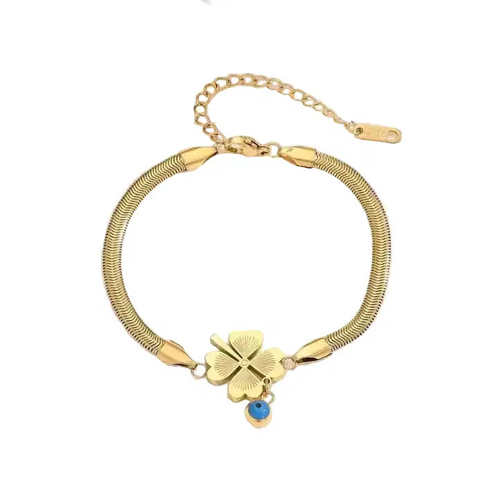 Evil's Eye Leaf Charm Snake Chain Bracelet featuring a polished gold plated snake chain with a four-leaf clover charm and a small blue evil eye charm, elegant fashion jewelry.