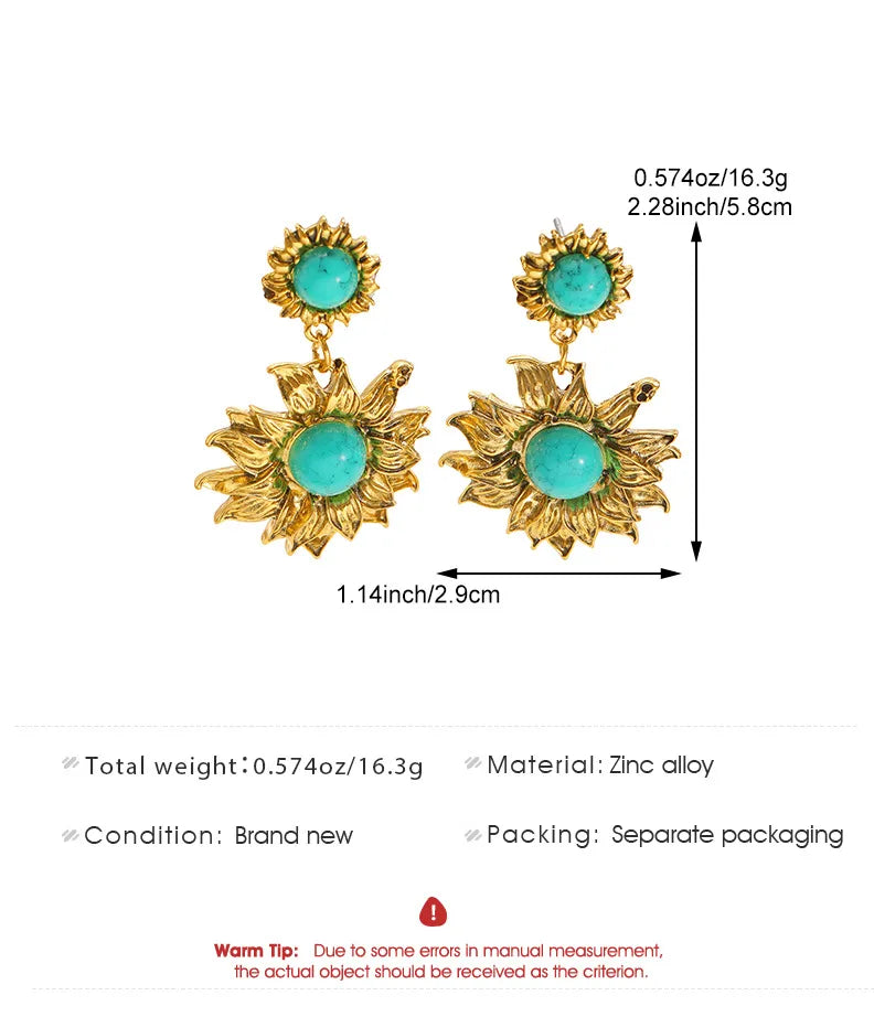 Gold earrings with turquoise stones and measurement details on a white background