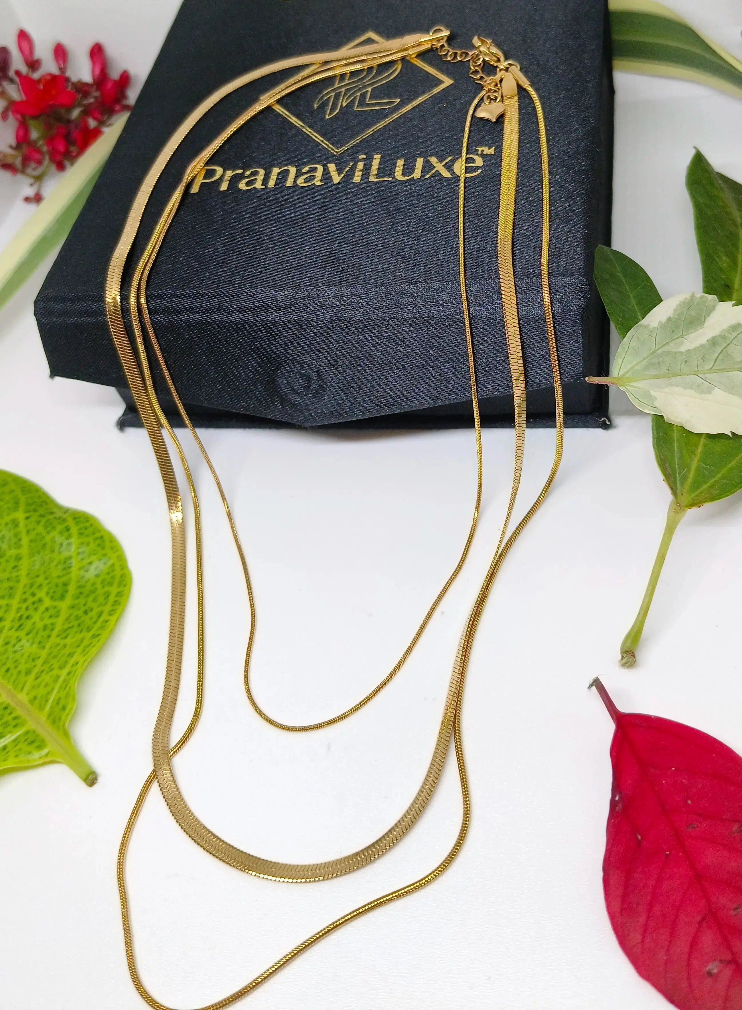 Gold necklace on a PranaviLuxe branded box with leaves and flowers around