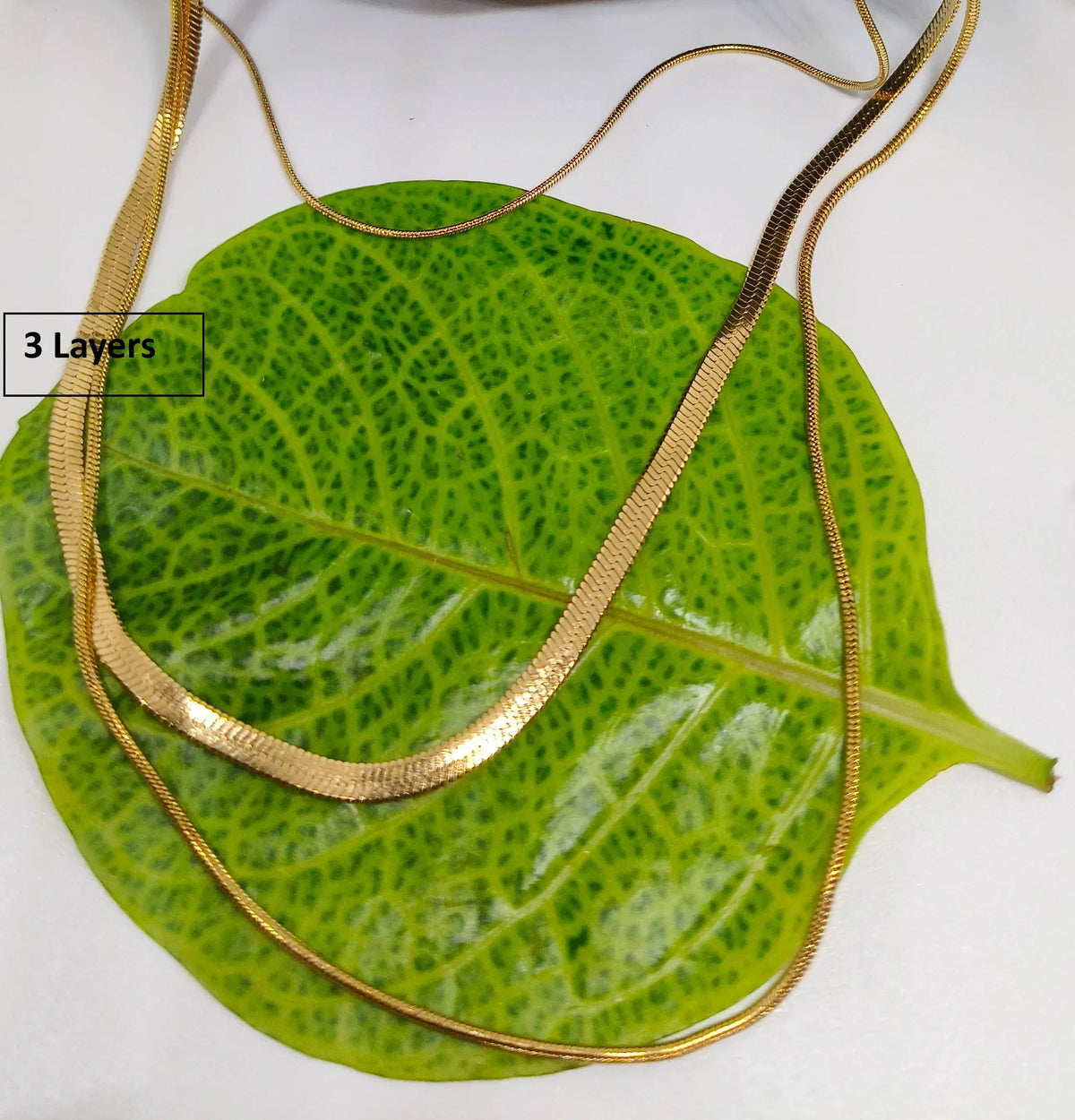 Gold necklace with three layers on a green leaf