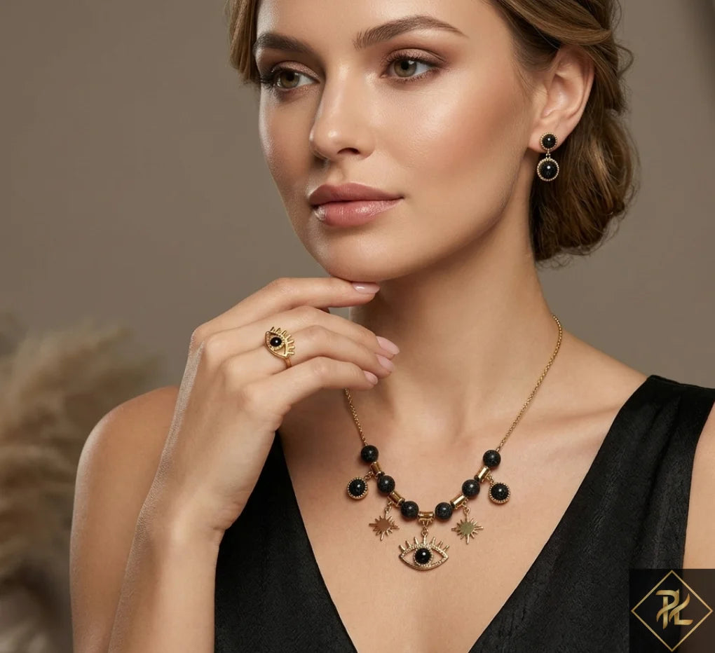 Gold Evil Eye Necklace, Earrings & Ring Jewelry Set with Black Beads