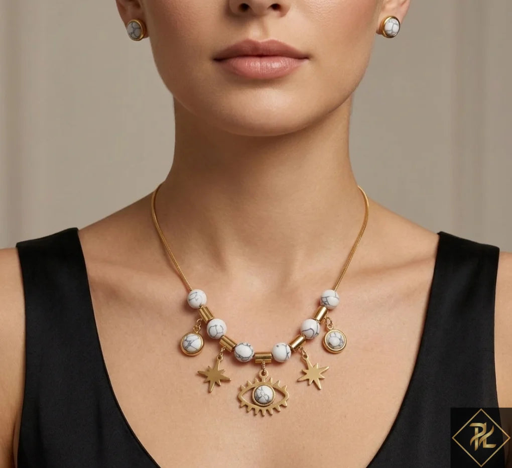 Gold Marble Charm Necklace & Stud Earrings Set with Evil Eye Pendant