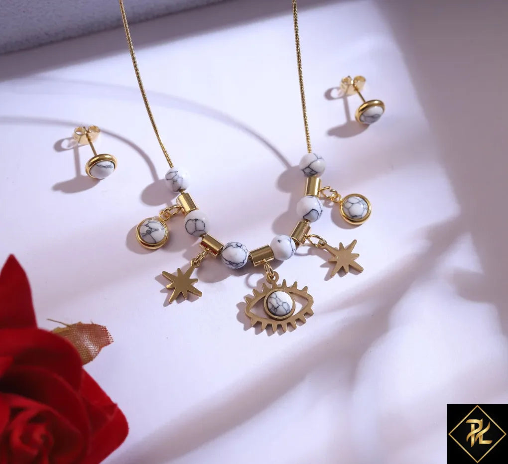 Gold Marble Charm Necklace & Stud Earrings Set with Evil Eye Pendant