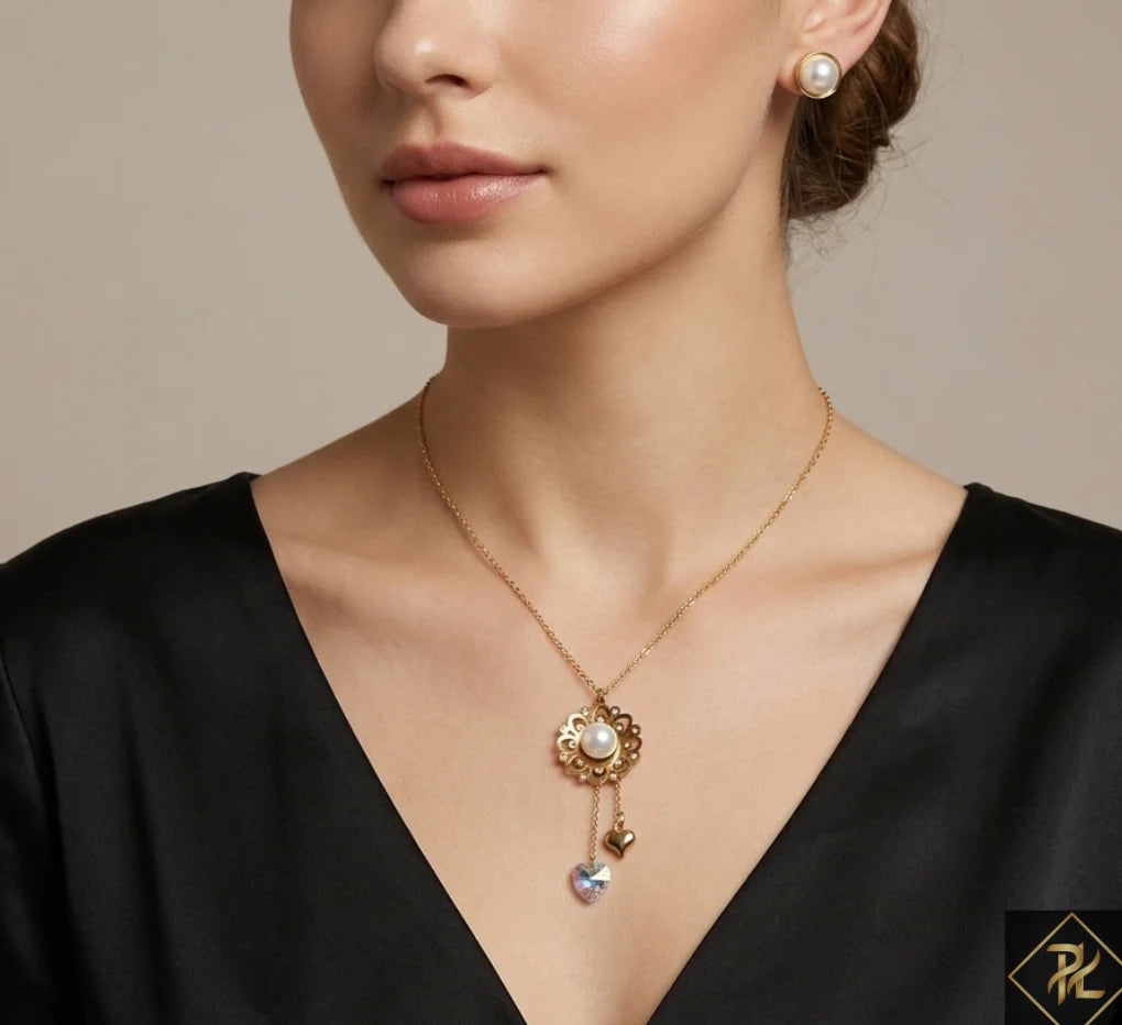 Gold Plated Floral Pearl Pendant Necklace & Stud Earrings Set