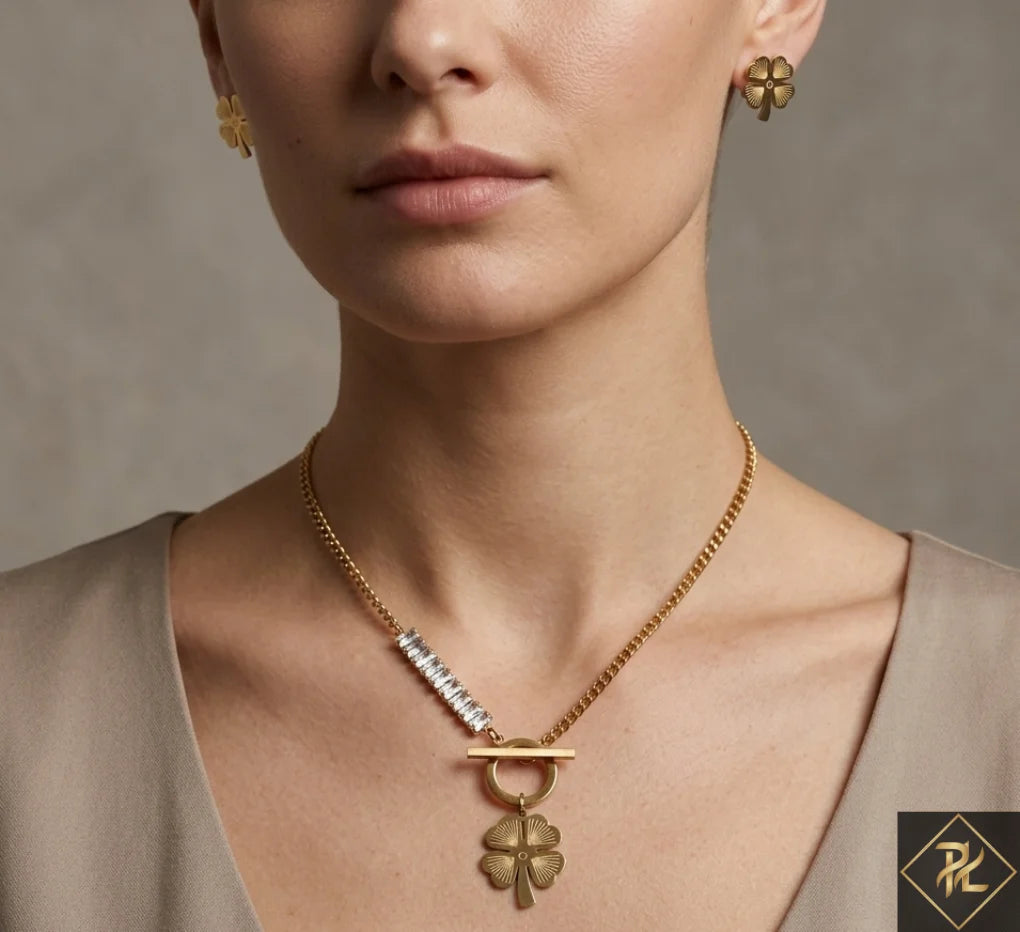 Gold Plated Four-Leaf Clover Necklace & Earrings Set with Crystal Bar