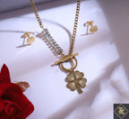 Gold Plated Four-Leaf Clover Necklace & Earrings Set with Crystal Bar