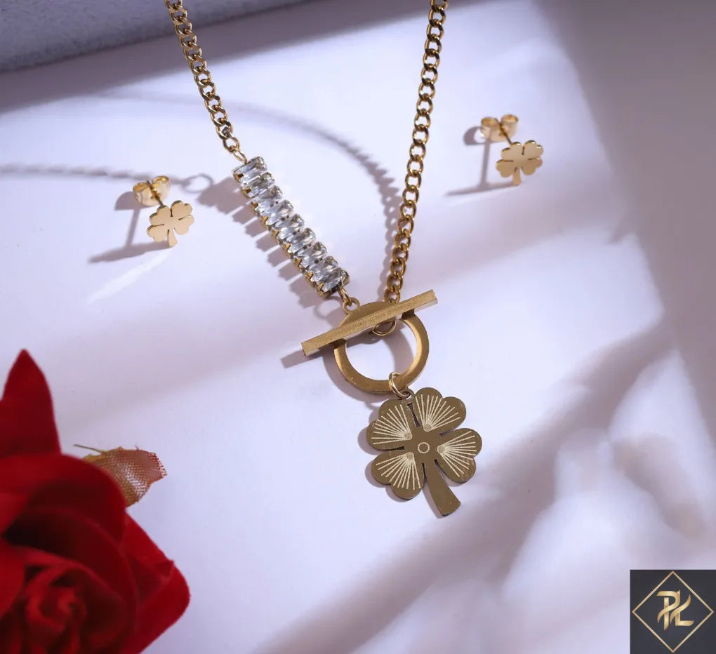 Gold Plated Four-Leaf Clover Necklace & Earrings Set with Crystal Bar