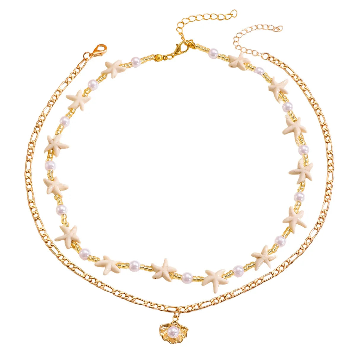 Two-layered necklace with starfish and pearl details on a white background