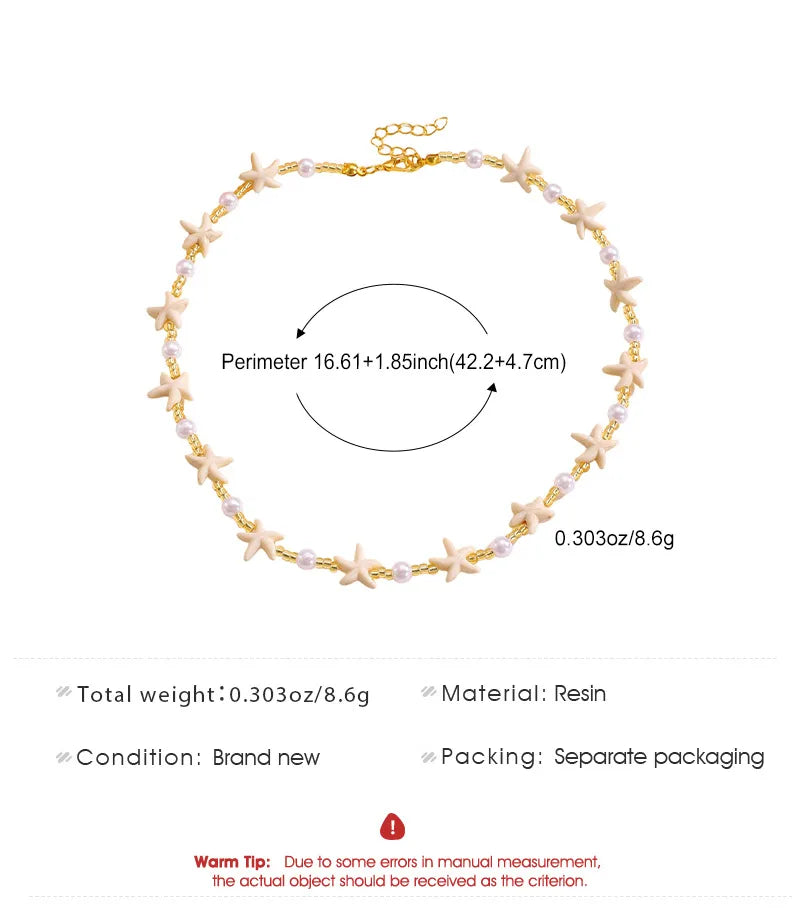 Starfish and pearl necklace with measurement details on a white background