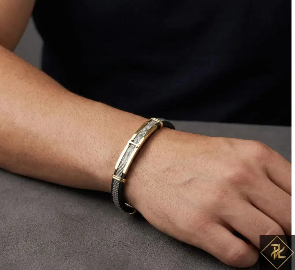 Men’s Black Rubber Bracelet with Gold & Steel Mesh Accent