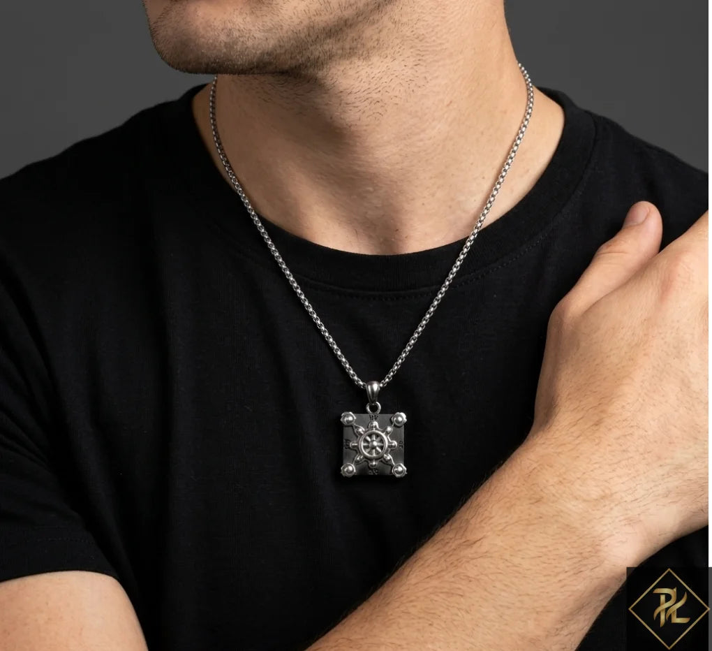 Men’s Compass & Ship Wheel Pendant Necklace  Stainless Steel