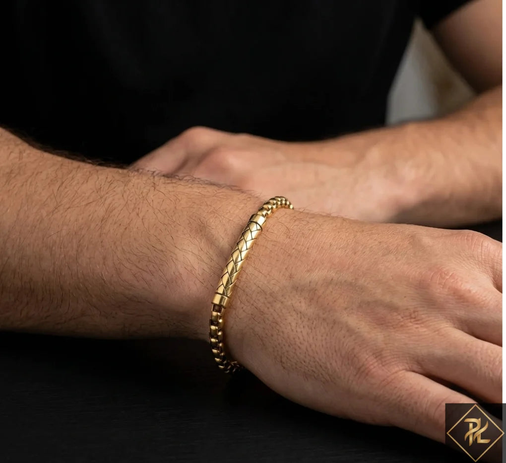 Men’s Gold Box Chain Bracelet – Stainless Steel Textured Tube