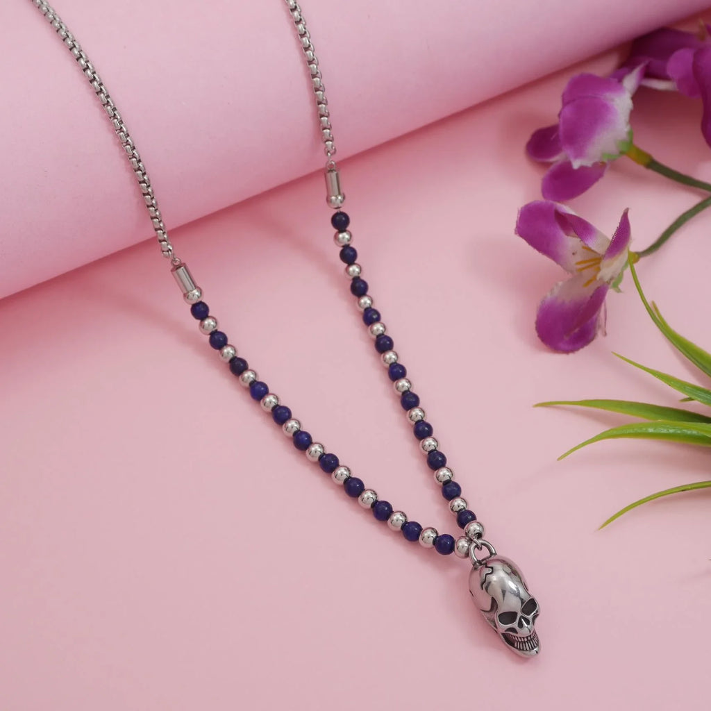 Men’s Skull Pendant Necklace with Blue Beads  Stainless Steel