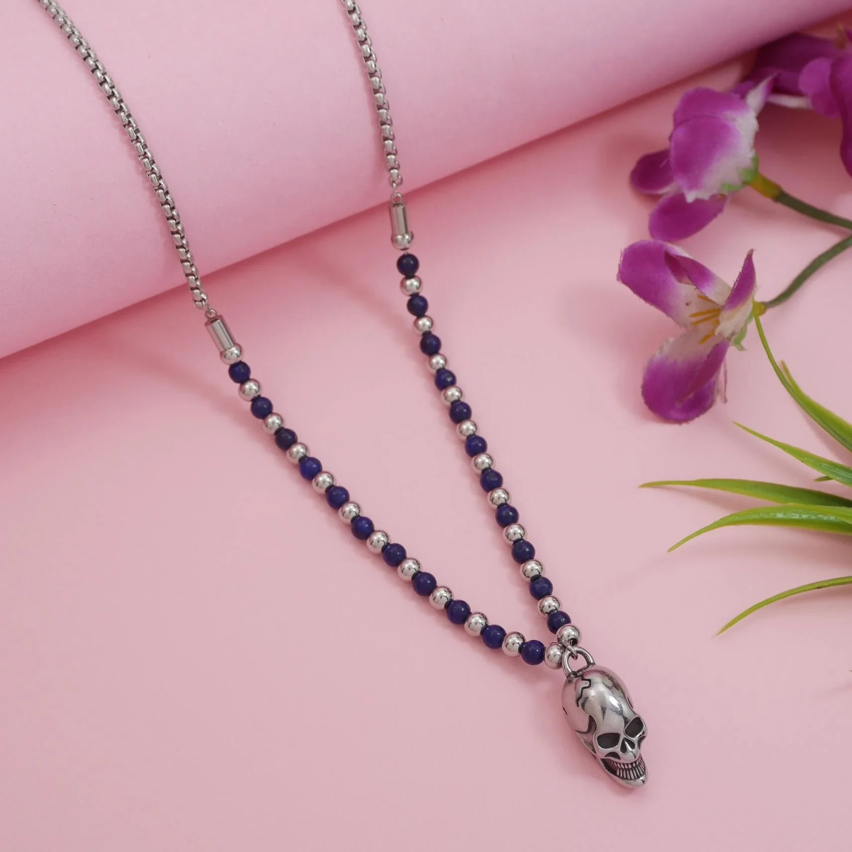 Men’s Skull Pendant Necklace with Blue Beads  Stainless Steel