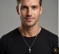 Men’s Skull Pendant Necklace with Blue Beads  Stainless Steel