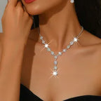 Elegant diamond necklace on a model against a neutral background