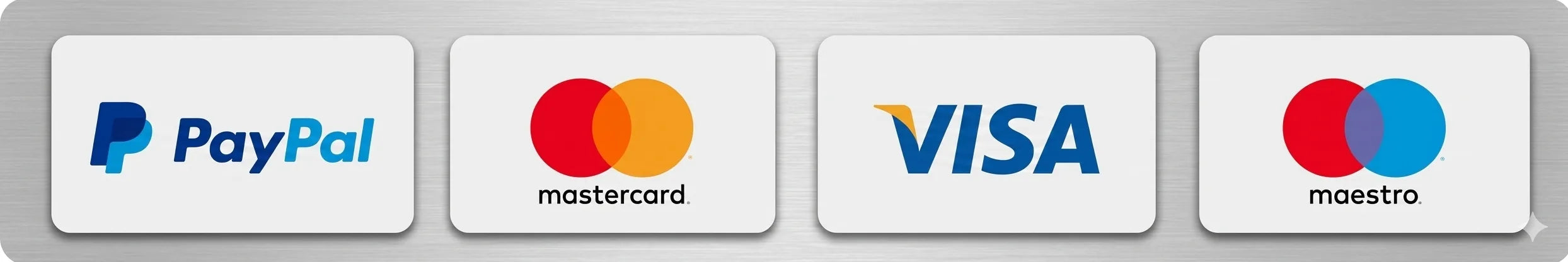 Logos of PayPal, Mastercard, Visa, and Maestro on a gray background