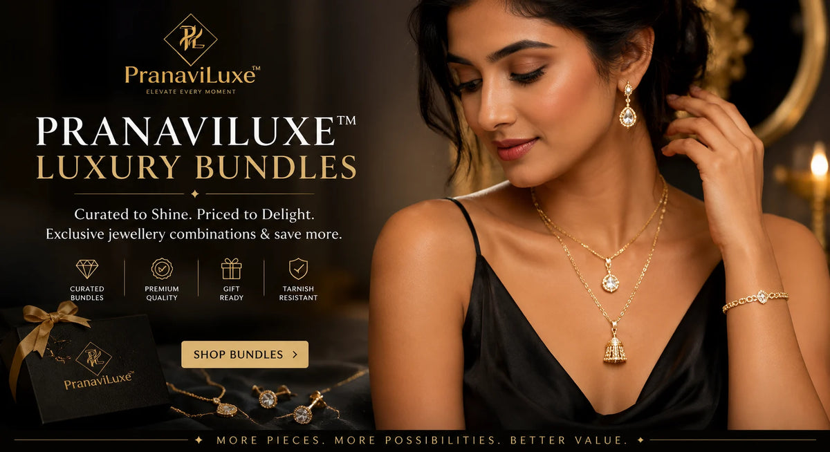 A promotional banner for Pranaviluxe Luxury Bundles featuring a woman in a black dress wearing gold jewelry, including a necklace, earrings, and bracelet. The left side contains product information, icons, and a gift box.